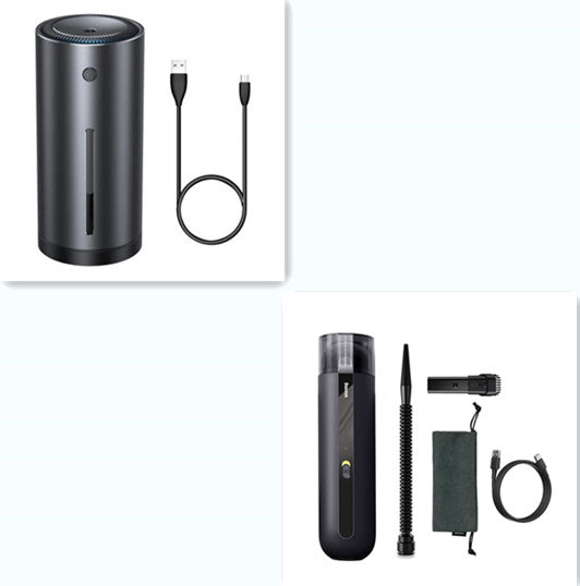 Portable car vacuum cleaner, black handheld cylinder with extendable nozzle and accessory set