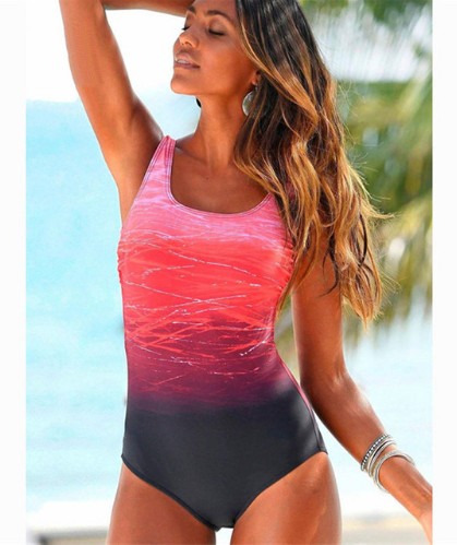 One-piece swimsuit, pink-red ombre with dark bottom, scoop neckline