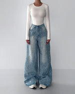 Light blue rhinestone wide-leg denim jeans, full-length, vintage wash, button fly