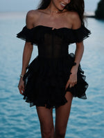 Elegant Muse Off-Shoulder Ruffled Mini Dress - Chic Black Statement Piece for Effortless Style