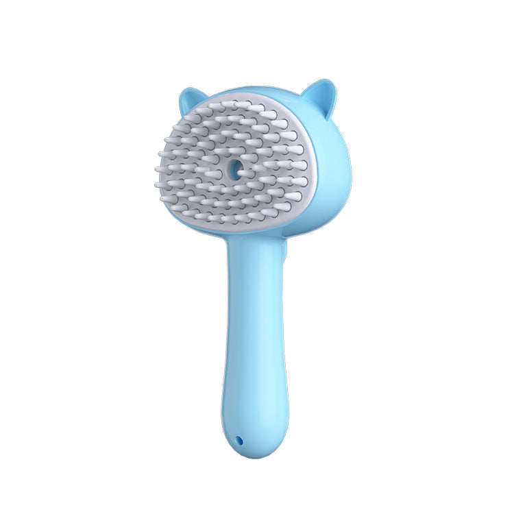 Handheld slicker pet grooming brush with gray pins, blue cat-ear head and handle