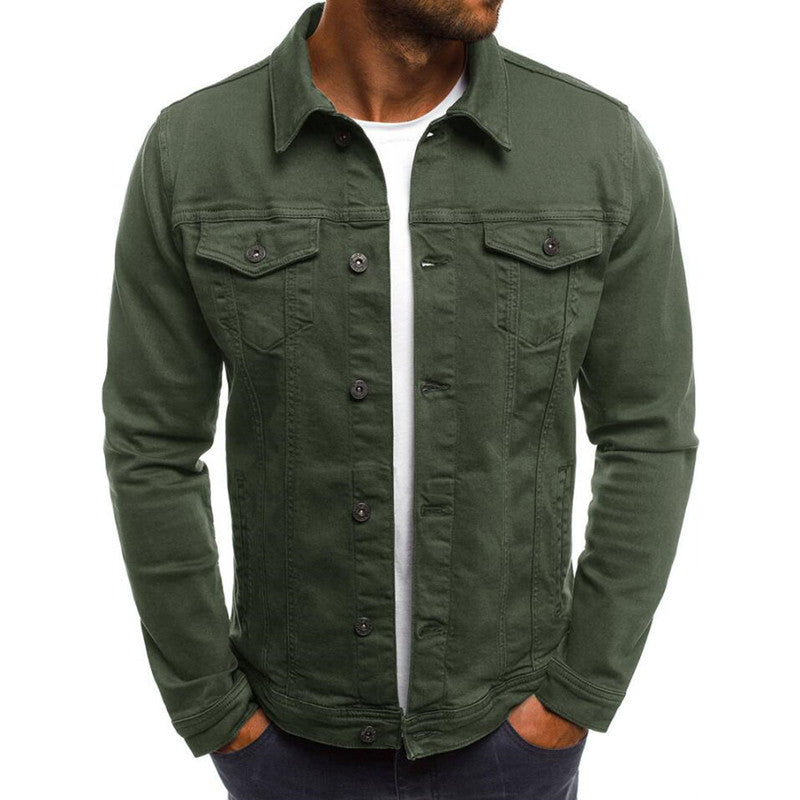 Men's denim button-front jacket with two chest flap pockets, green color.