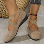 Women’s pointed toe cross-strap wedge flats in beige suede with elastic band at ankle