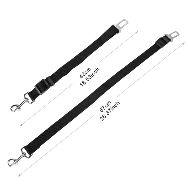 Adjustable black pet dog seat belt leash straps with metal snap hooks