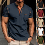 Navy henley polo T-shirt with short sleeves, buttoned placket and chest pocket