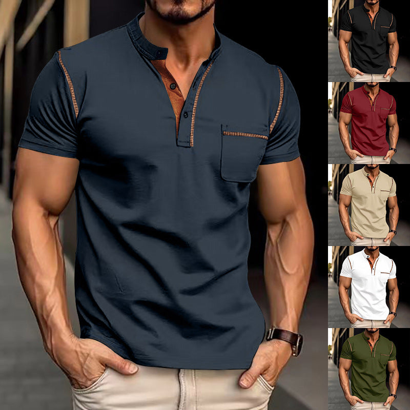 Navy henley polo T-shirt with short sleeves, buttoned placket and chest pocket