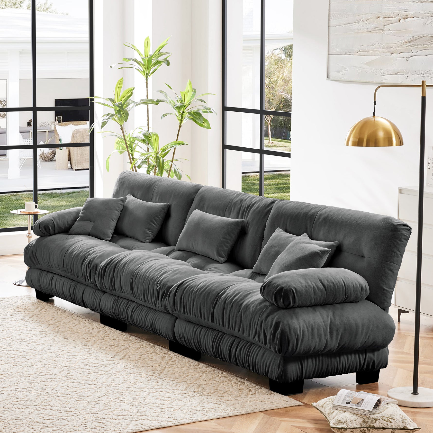 Sofá Seccional Modular de 3 Plazas, Sofá Profundo, Sofá de Chenilla, Muebles Tapizados Suaves y Cómodos para Sala de Estar, Apartamento, Estudio, Oficina, Gris Chenilla