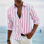 Men's striped casual shirt, pink and white, button-front V-neck long sleeves