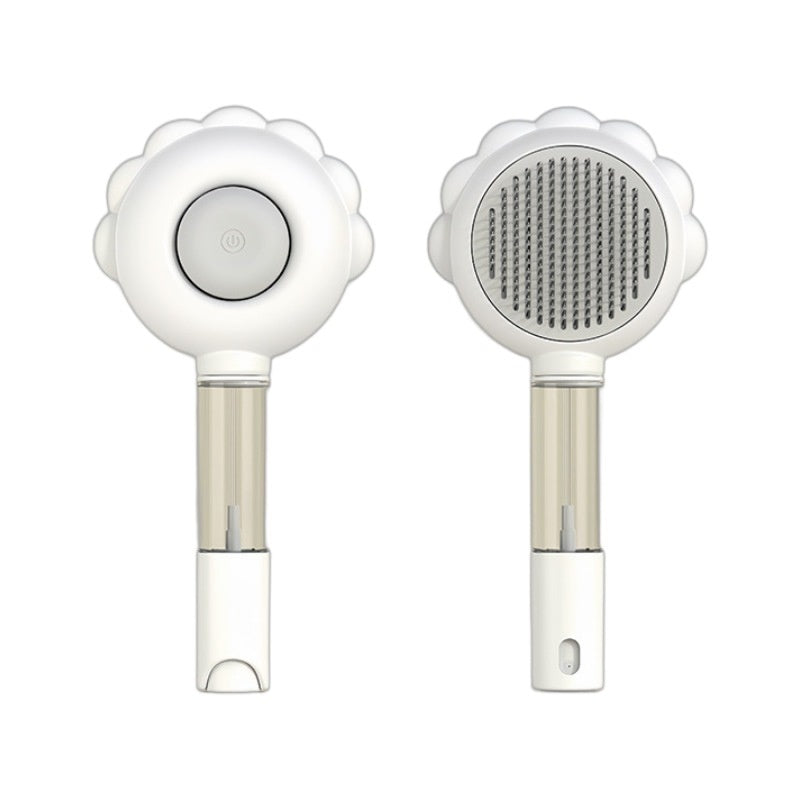 White pet spray grooming comb with round bristle brush head and spray bottle body