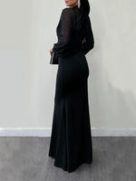 Halter mesh beaded dress set in black with sheer long sleeves and fitted mermaid silhouette