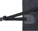 Black dog car seat cover strap with stitched attachment pocket and loop buckle tab