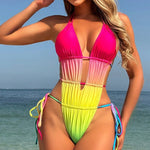 Ruched one-piece bikini swimsuit with pink triangle halter top and yellow-green bottoms