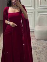 Burgundy Square-Neck Cape Maxi Dress – Elegant Regular Fit