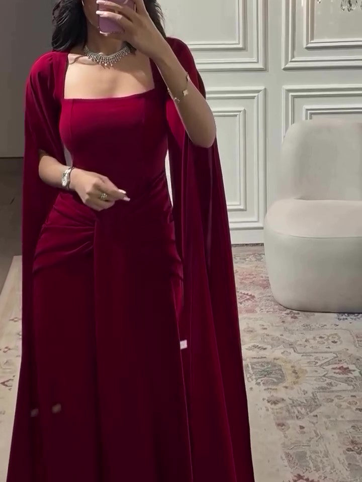 Burgundy Square-Neck Cape Maxi Dress – Elegant Regular Fit