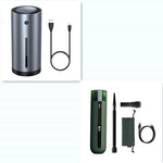 Portable car vacuum cleaner, green handheld cylinder with extendable nozzle and accessory set