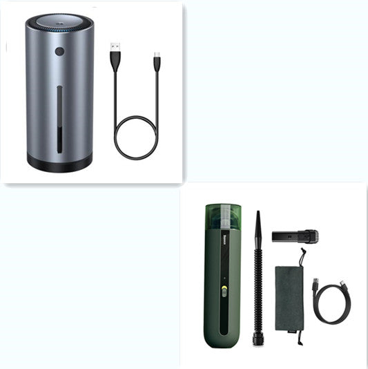Portable car vacuum cleaner, green handheld cylinder with extendable nozzle and accessory set