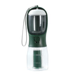 Portable pet water bottle cup with 300ml markings, dark green body and clear jug