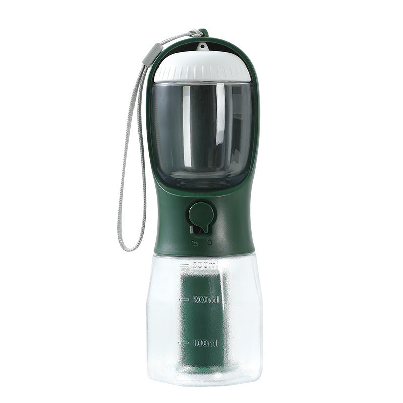 Portable pet water bottle cup with 300ml markings, dark green body and clear jug