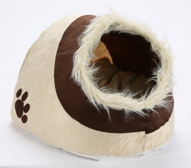 Donut pet bed in khaki with dark brown interior tunnel and three-paw logo