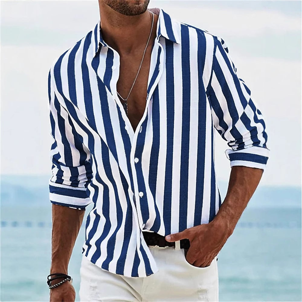 Men's striped button-up long-sleeve shirt with white and navy blue vertical stripes