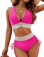 Women's high-waist bikini split set in bright pink with striped band and side-tie bottoms