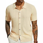 Cream knitted polo shirt with point collar, short sleeves, button placket