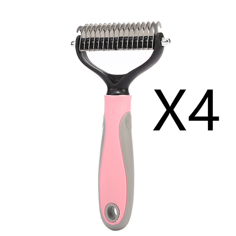 Double-sided pet brush with pink grip, gray body, and stainless steel dematting pins