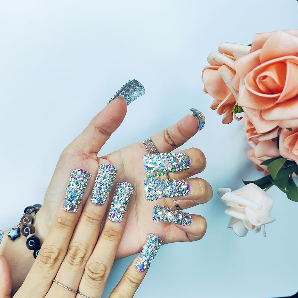 Iridescent crystal rhinestone medium square nails on one hand