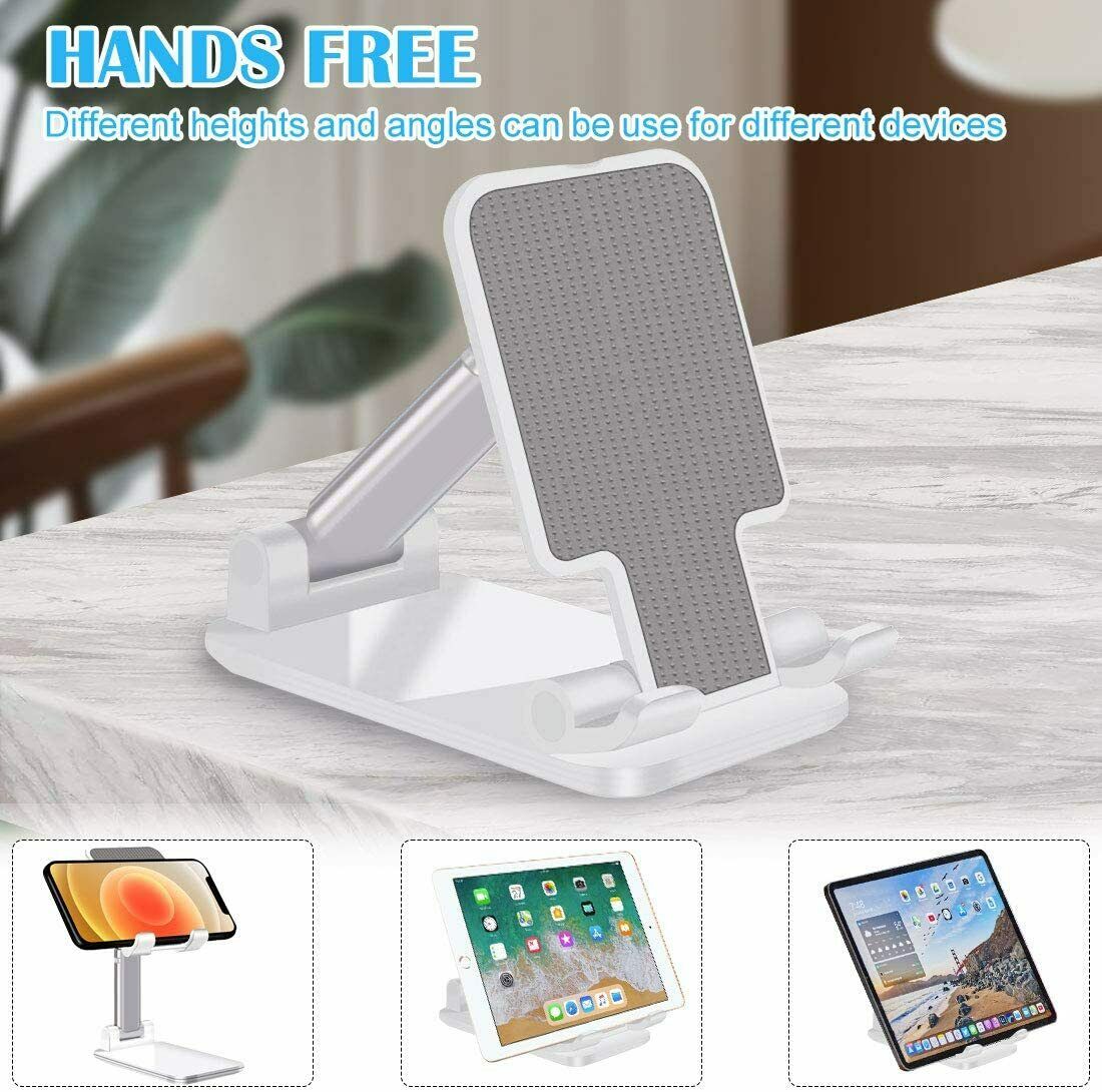 Foldable desktop phone stand, white with textured back pad and angled viewing base