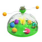 Interactive cat toy turntable with clear dome, green base, multicolor dangling balls and catnip spinners