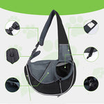 Gray and black pet crossbody bag with front tunnel opening and side mesh panels
