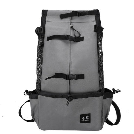 Dark gray pet dog carrier backpack with mesh side panels and black trim