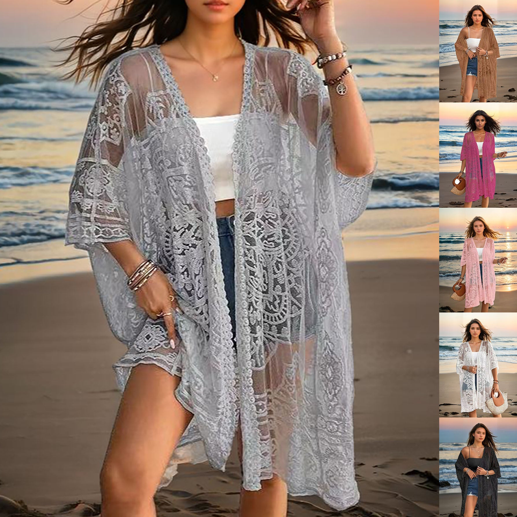 Light gray sheer lace embroidered cardigan, open front, loose fit, 3/4 sleeves.