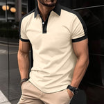 Men's short-sleeve polo shirt, white with black collar and sleeve trim