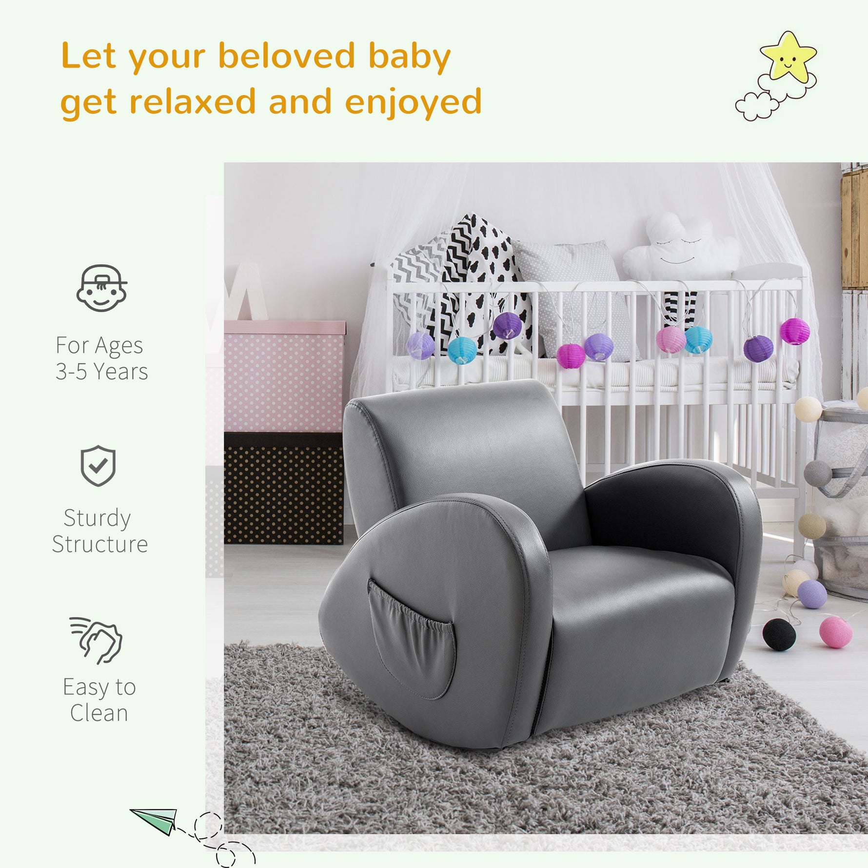 Kids Sofa Rocking Chair With Side Pocket, PU Leather Toddler Armchair For Children Grey