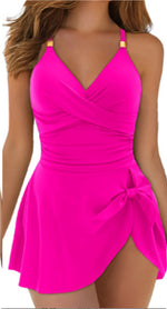 V-neck ruched swimsuit dress with thick straps, bright fuchsia solid and tied wrap skirt