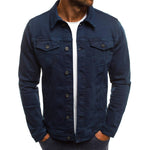 Men's denim button-front jacket with two chest flap pockets, navy blue color.