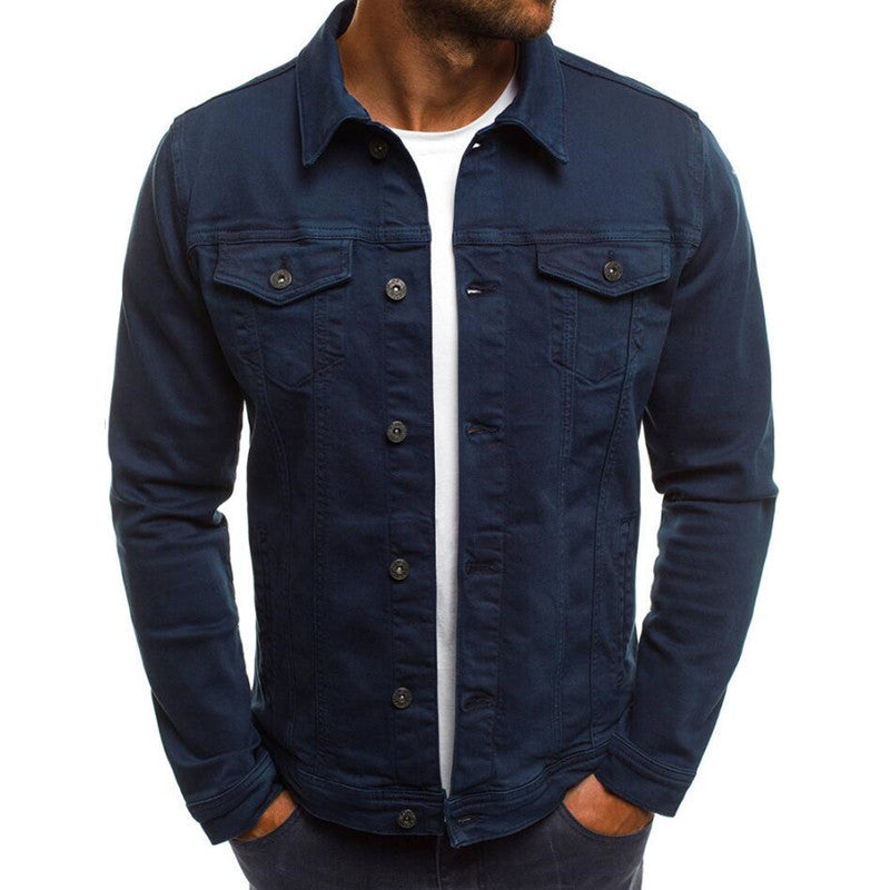 Men's denim button-front jacket with two chest flap pockets, navy blue color.