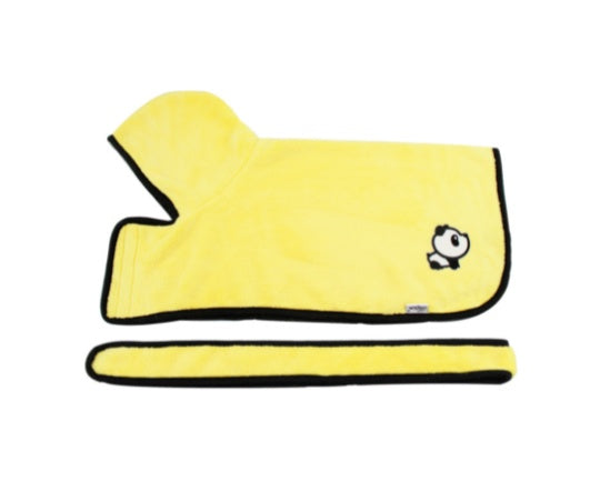 Yellow pet drying coat with small animal logo and matching folded wrap