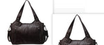 Women’s retro PU handbag in black, side view and top-handle close-up with buckle hardware.