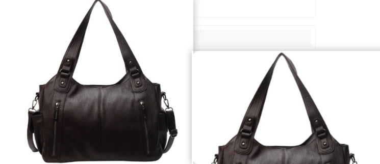 Women’s retro PU handbag in black, side view and top-handle close-up with buckle hardware.