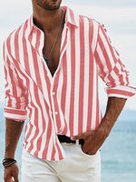 Men's striped button-up long-sleeve shirt with white and pink vertical stripes, button placket