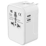 White universal travel adapter with surge protector and universal plug outlets