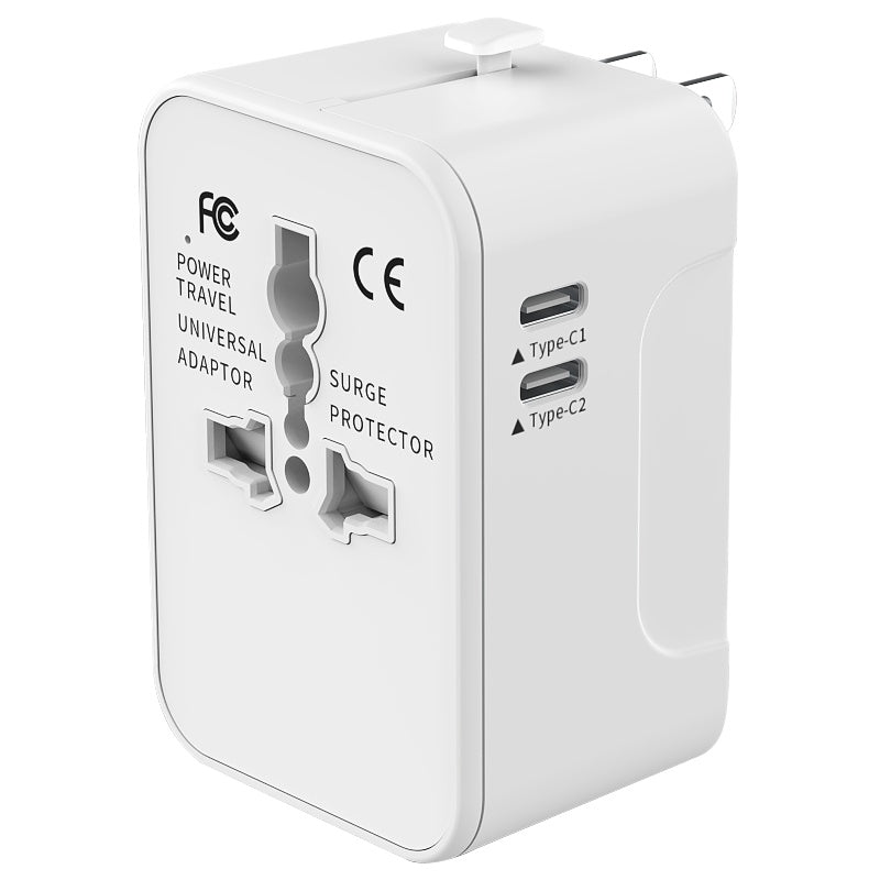 White universal travel adapter with surge protector and universal plug outlets
