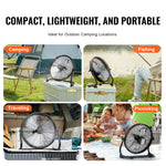 Portable cordless floor fan shown in camping, fishing, traveling, and picnicking scenes.