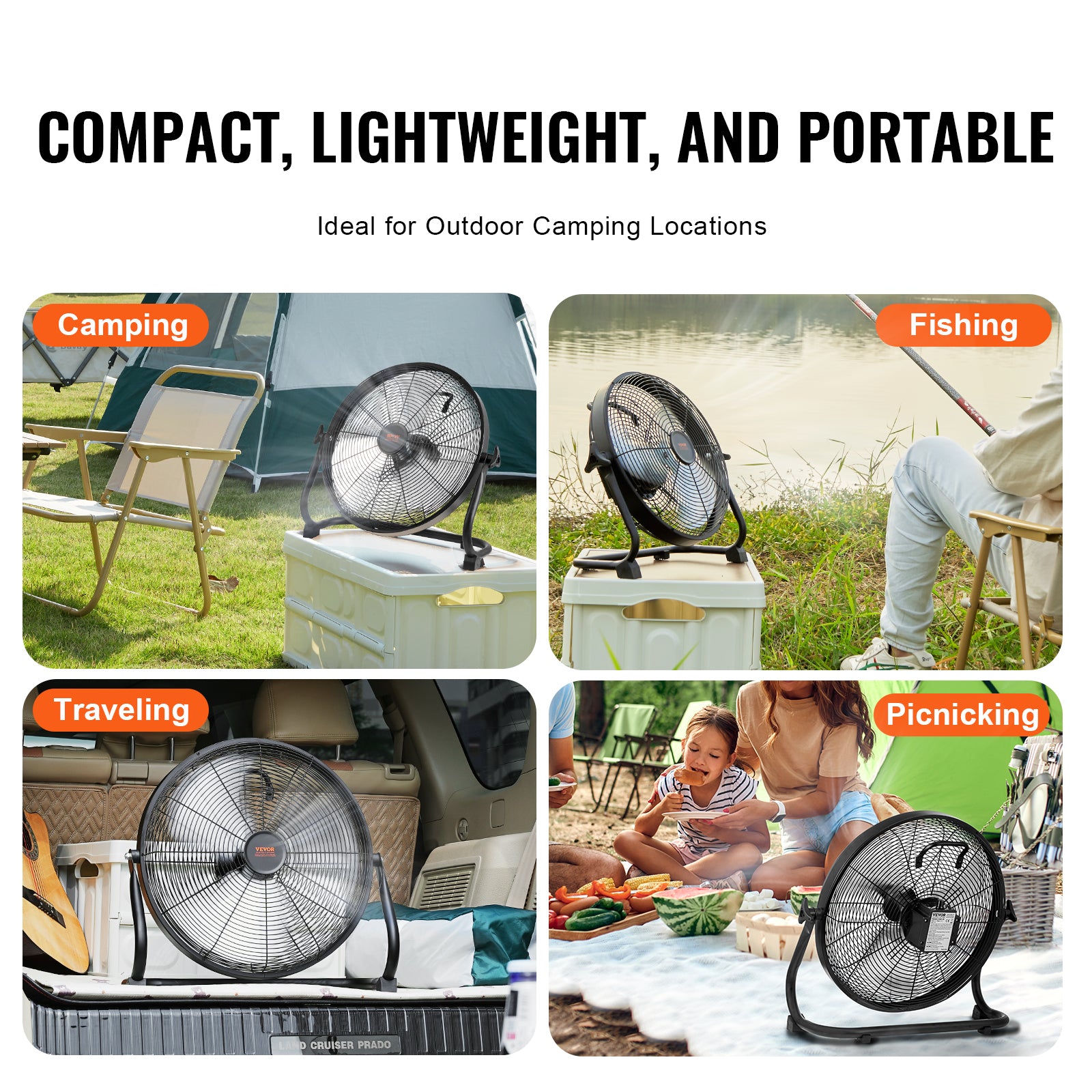 Portable cordless floor fan shown in camping, fishing, traveling, and picnicking scenes.