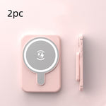 Pink mini magnetic wireless power bank with charging icon, front and side views