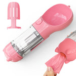 Pink pet water bottle feeder with clear water chamber and snack container, parts shown