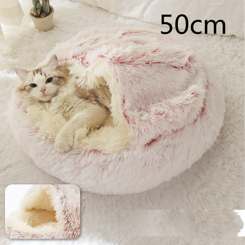 Plush round pet bed with pink inner cushion, 50cm