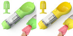 Portable pet water bottle feeders in lime and yellow with transparent tubes and pink waste bag